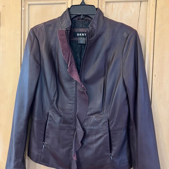 DKNY Womens Ruffle-Front Lambskin Bordeaux Leather Jacket Small Brown FA EXC - Picture 4 of 12